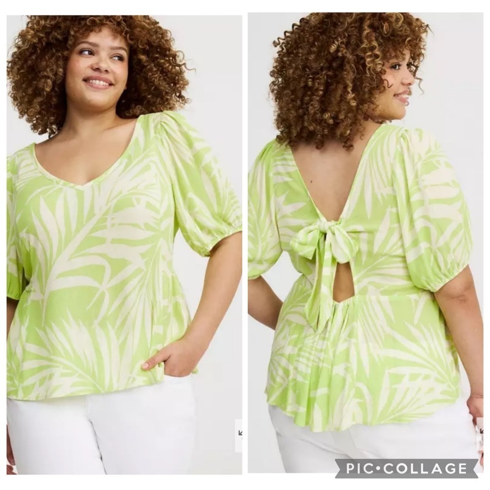 NWT Torrid Tie Back Puff Sleeve Top Shaded Palms Sharp Green Size 2X